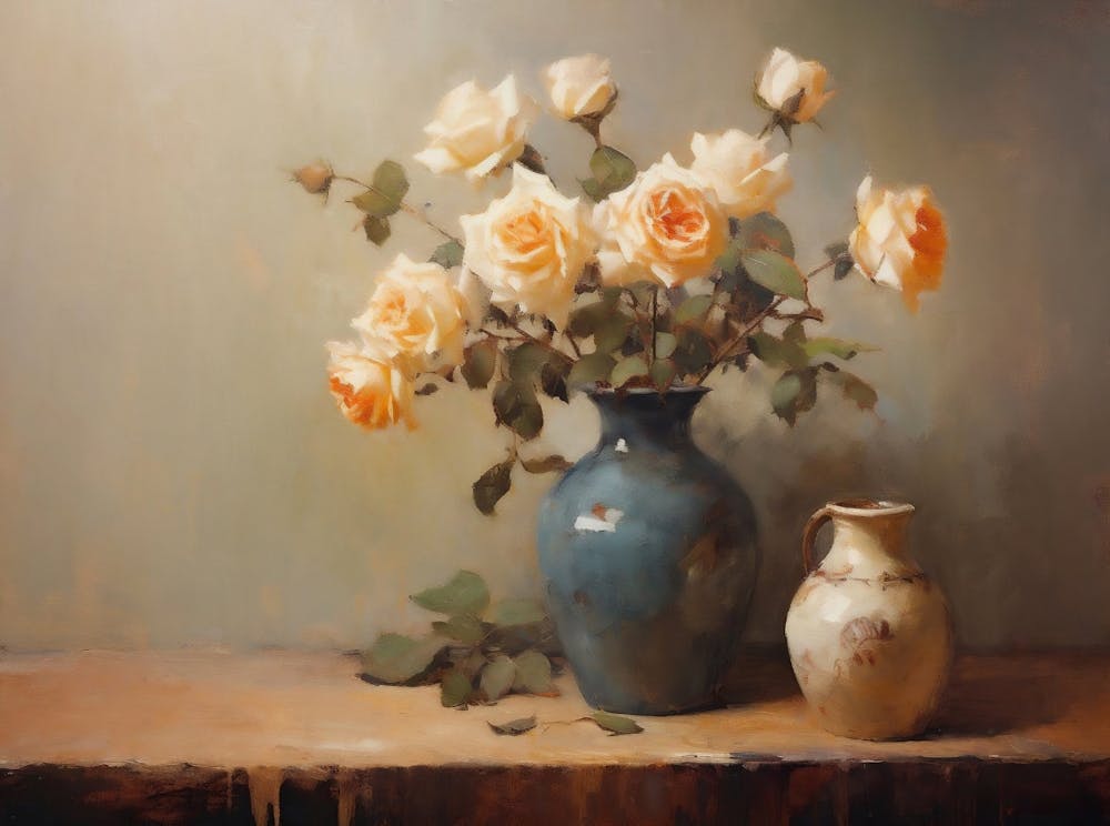 Flower Vase Still Life Oil Painting, Vintage Kitchen Still Life Print, Neutral Flowers Print, Farmhouse Wall Decor, Antique Still Life Print