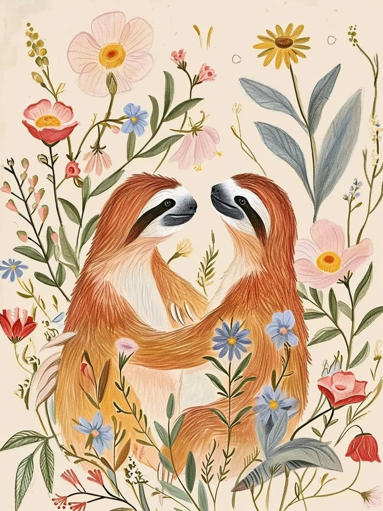 Folksy Floral Animal Drawing Sloth