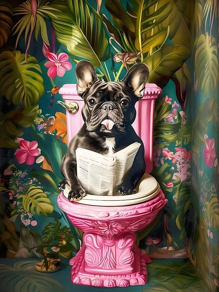 Bathroom Black French Bulldog Reading On Toilet Print, Funny Dog Print, Toilet Wall Art Bathroom Wall Art Funny Bathroom Decor Dog On Toilet