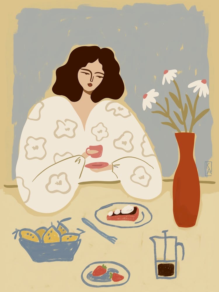 Woman with cup of coffee, Breakfast retro poster, Abstract modern art
