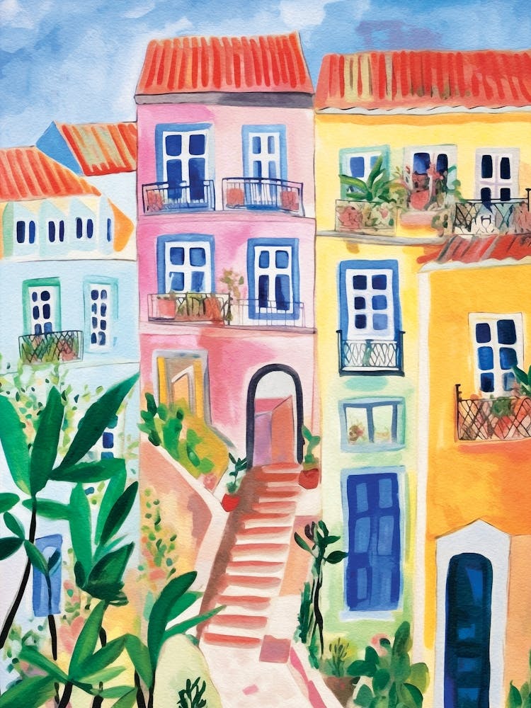 Lisbon Houses Watercolor Painting