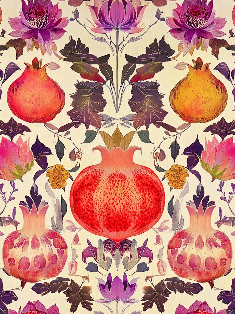 Granatäpfel Früchte Kunst Malerei, Obst-Poster mit Floralen Mustern