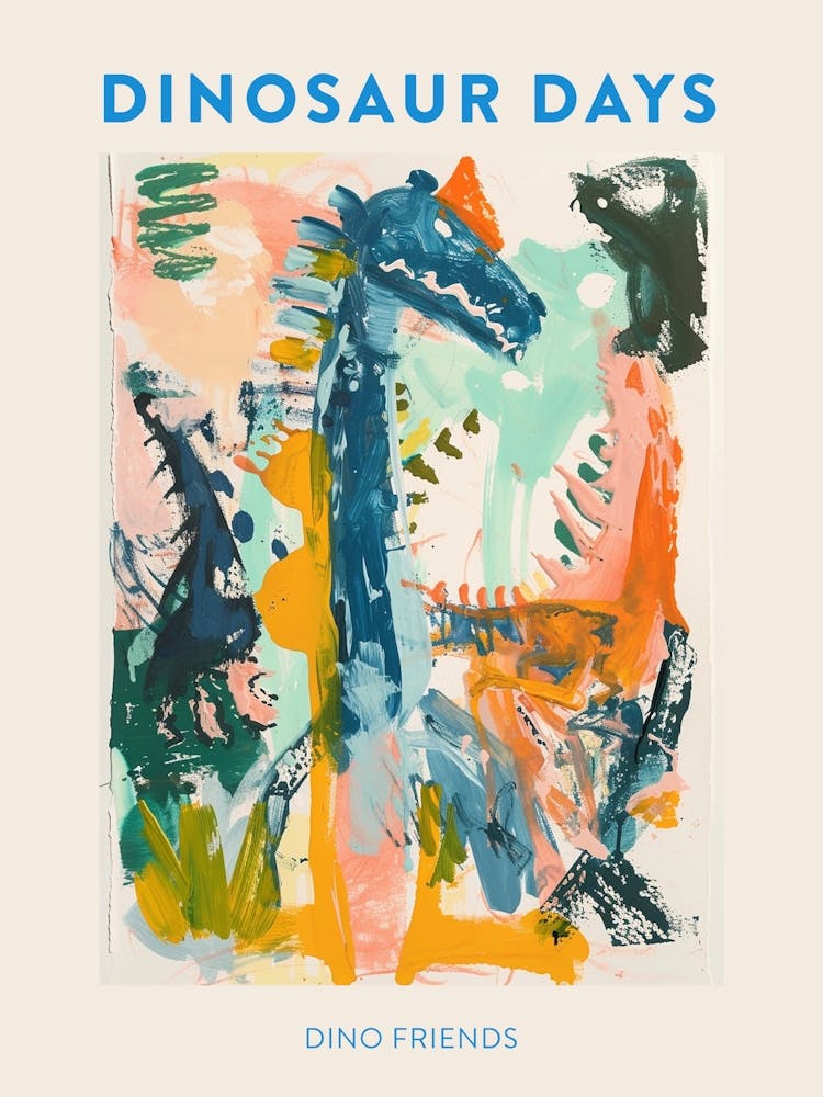 Dino Friends Orange Blue Dinosaur Poster