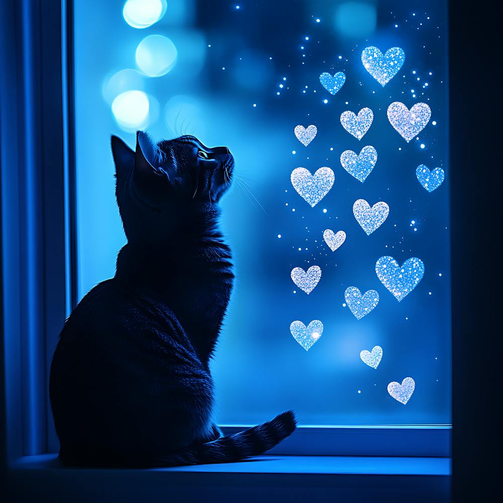 Dreamy Night Sky with Heart Stars Cat