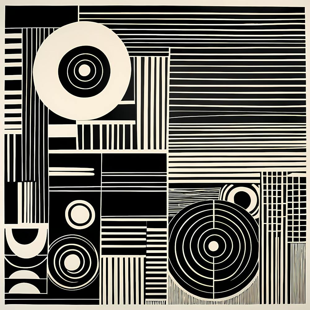 Mid-Century-inspirierter Linolschnitt, Schwarz-Weiß Minimal, 107