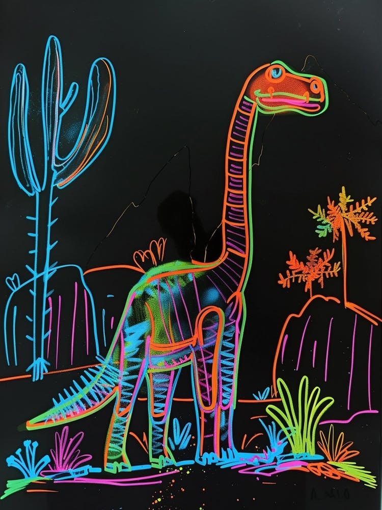 Neon Dinosaur Line Drawing In The Desert