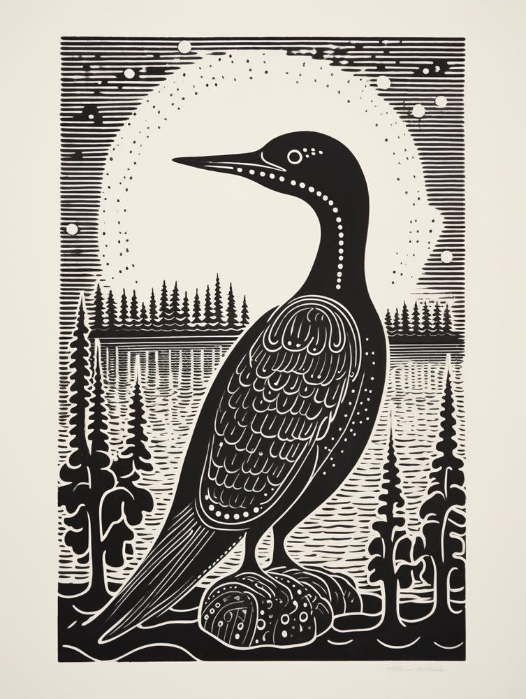 B&W Bird Linocut Loon 2