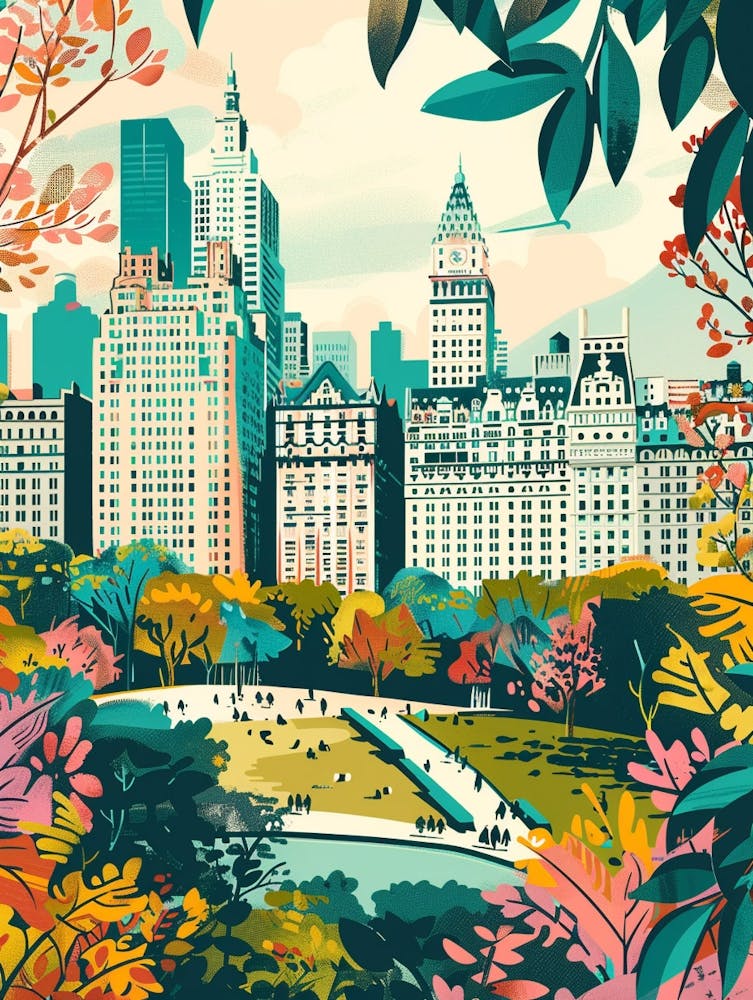 Central Park New York Colourful Silkscreen Illustration 2