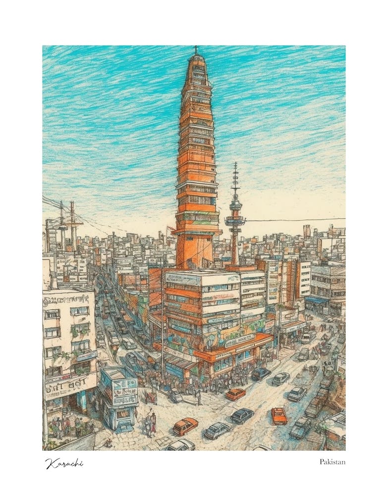 Karachi Pakistan Drawing Pencil Style 2 Travel Poster