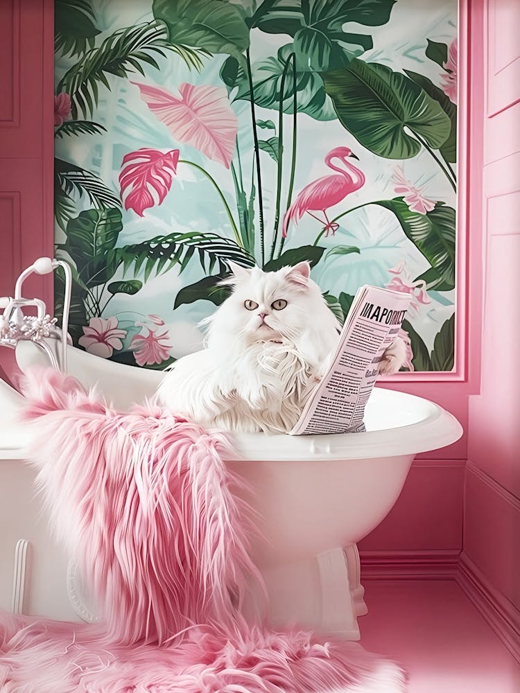 Luxury White Cat In Bathtub Print Funny Bathroom Print Maximalist Bathroom Wall Art Cat Poster Pink Preppy Wall Art Tropical Cat Art