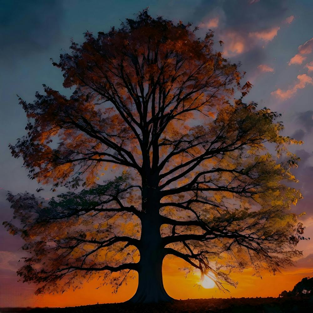 Sorgere del sole con albero