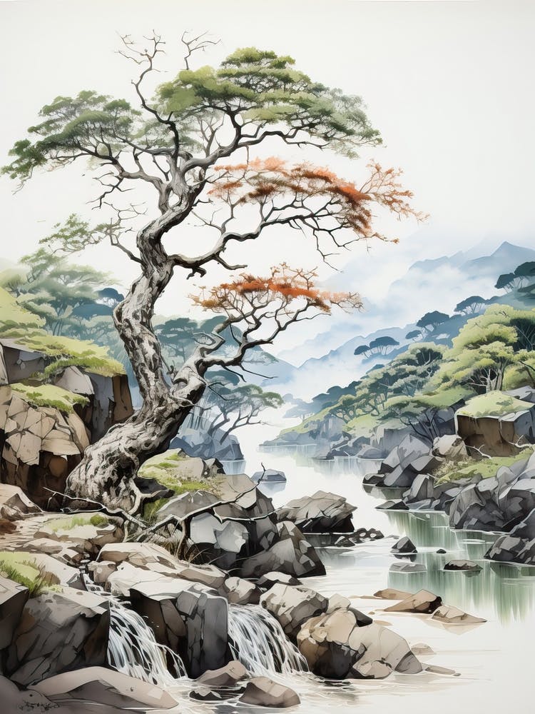 Sounkyo Gorge In Hokkaido, Japanese Brush Painting, Ukiyo E, Minimal 1