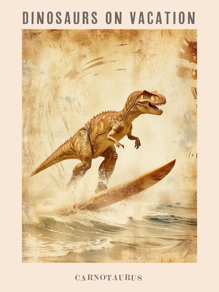 Vintage Carnotaurus Dinosaur On A Surf Board 1 Poster