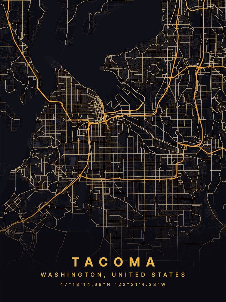Tacoma Washington USA Black And Gold Map