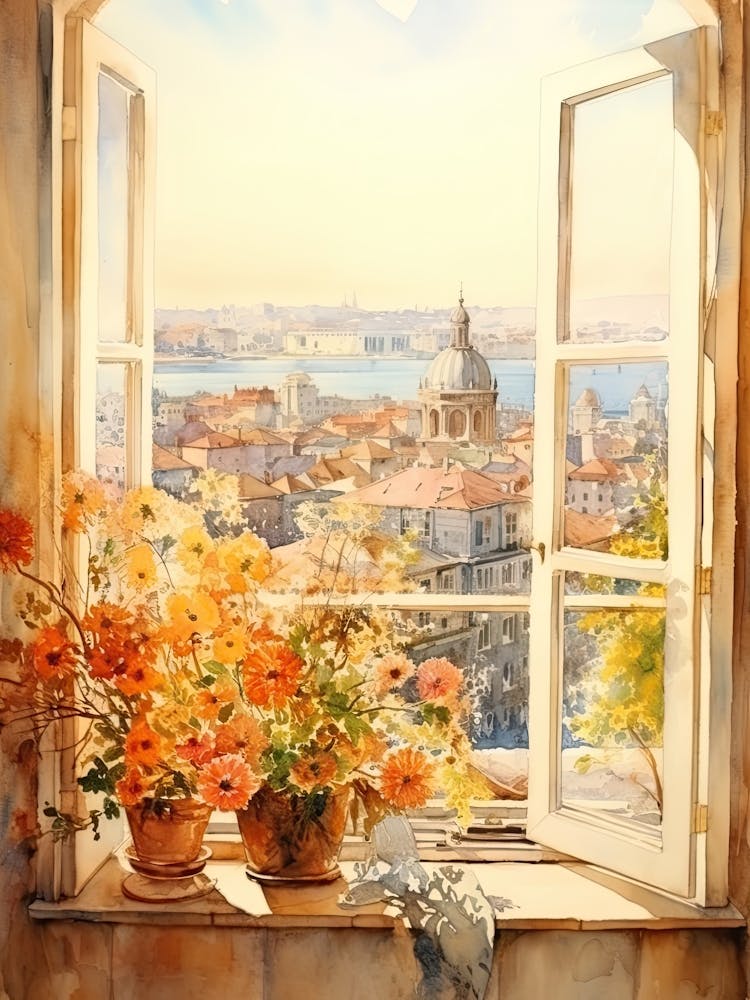 Window View Of Istanbul Turkey In Autumn Fall, Watercolour 2
