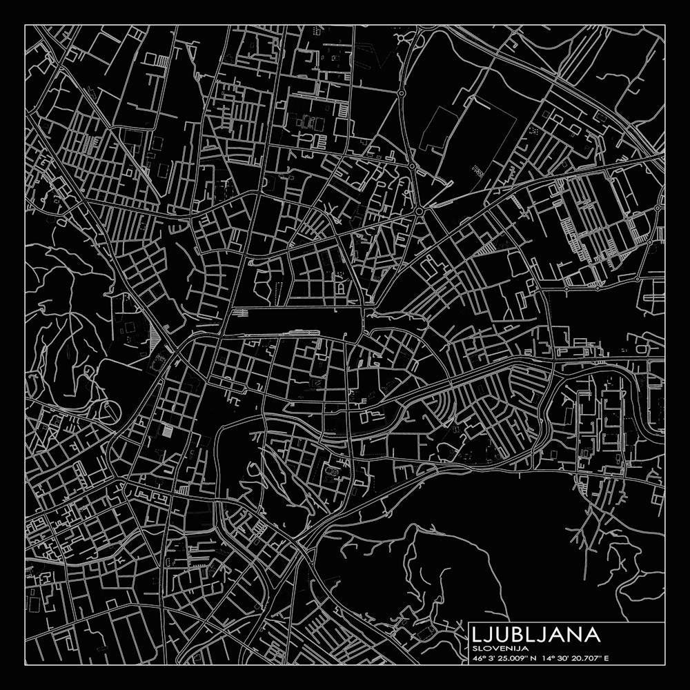 Ljubljana, Slovenija, City Map White On Black Blueprint Design
