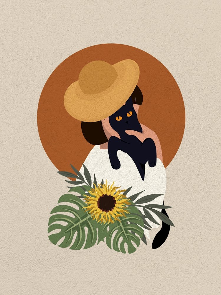 Minimal art beautiful Woman Holding A Cat