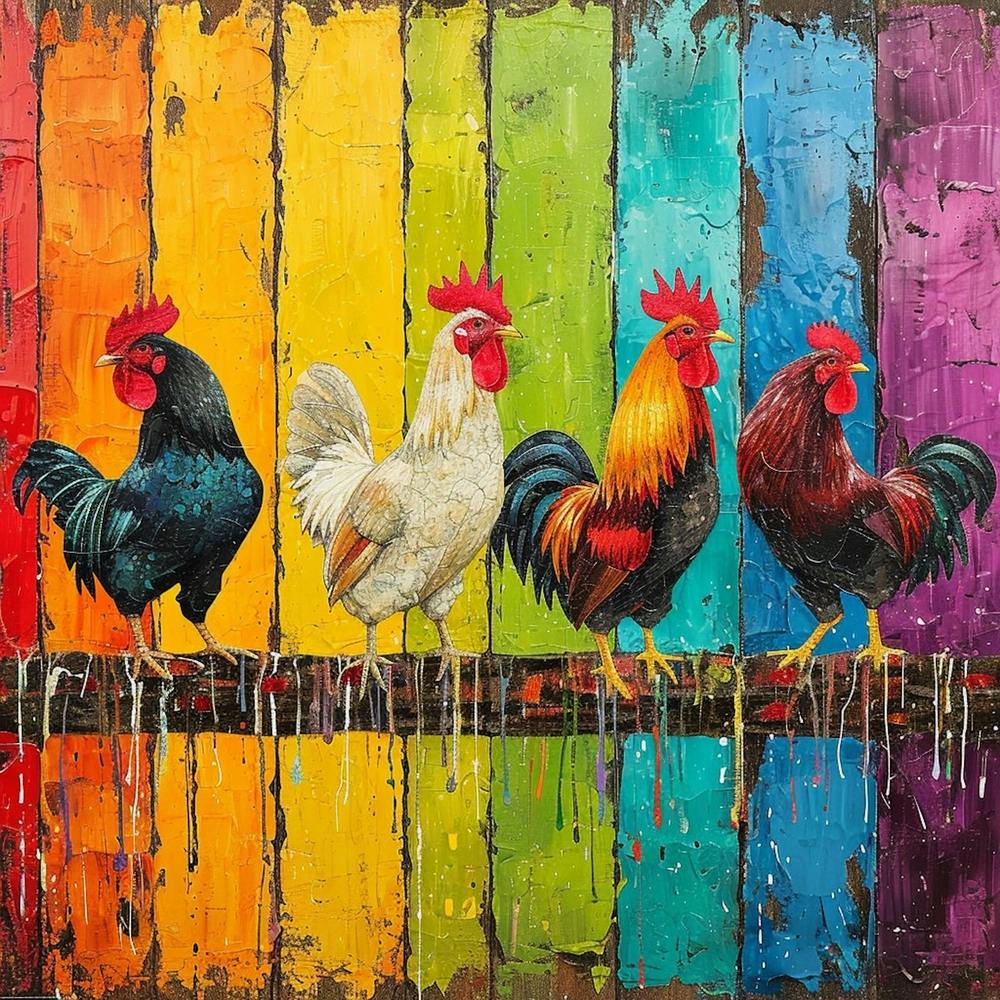 Rainbow Retro Chickens On The Fence 4