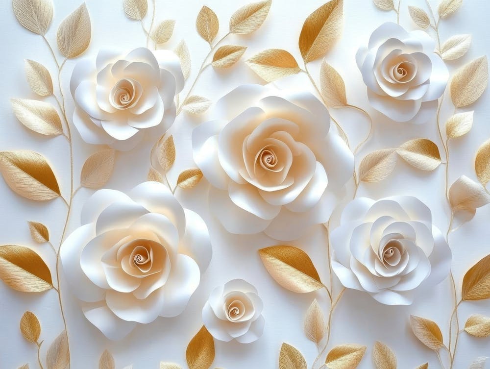 3D weiße Papierrosen auf weißem Hintergrund, Goldene Blätter, Ein elegantes Blumenmuster 1