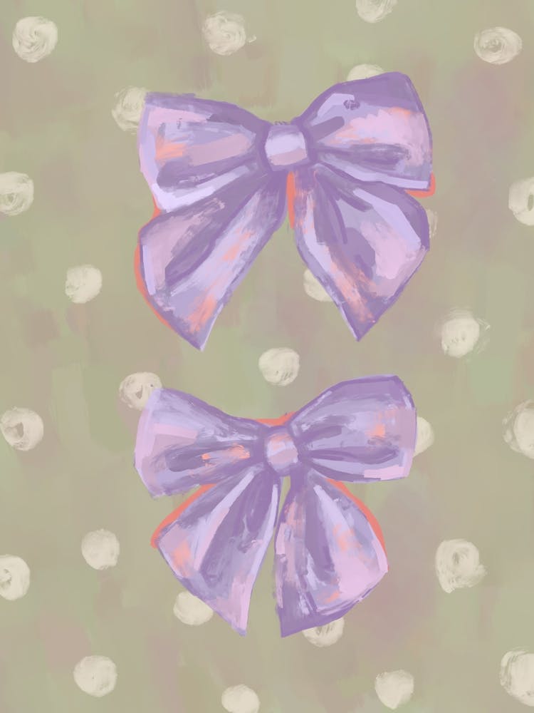 Two Purple Bows on a Sage Background. Gouache Painting