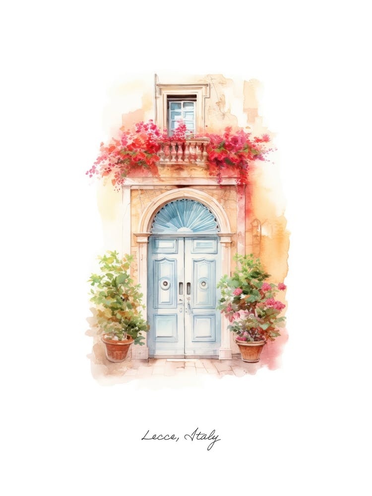 Lecce, Italy   Mediterranean Doors Watercolour Painting 1 Poster