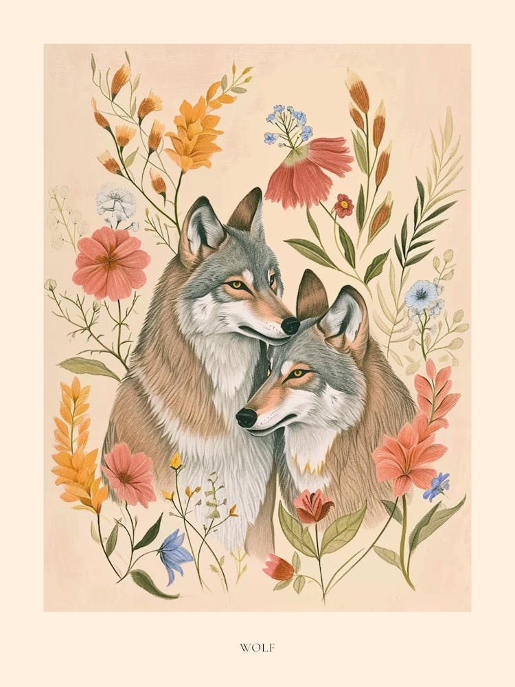 Folksy Floral Animal Drawing Wolf 4 Poster