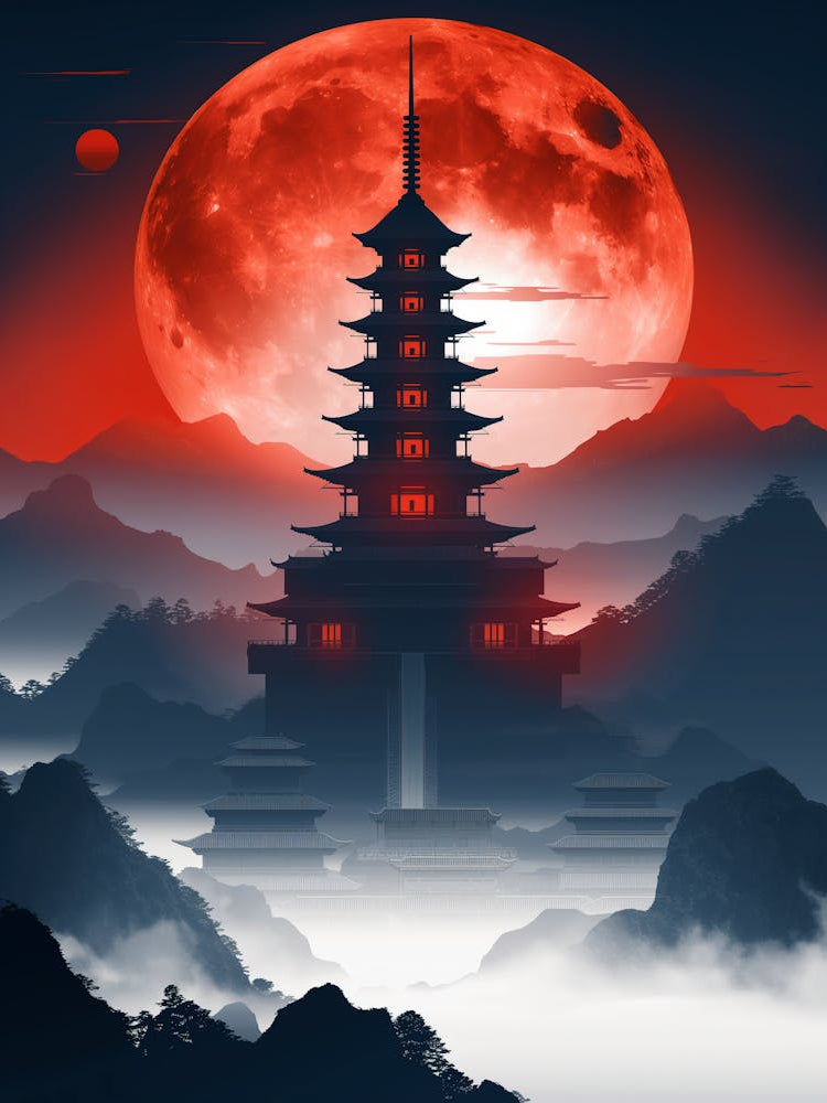Red Moon Over Pagoda