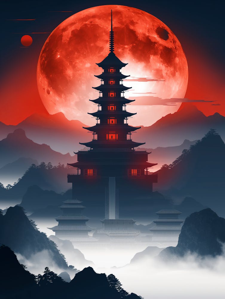 Red Moon Over Pagoda