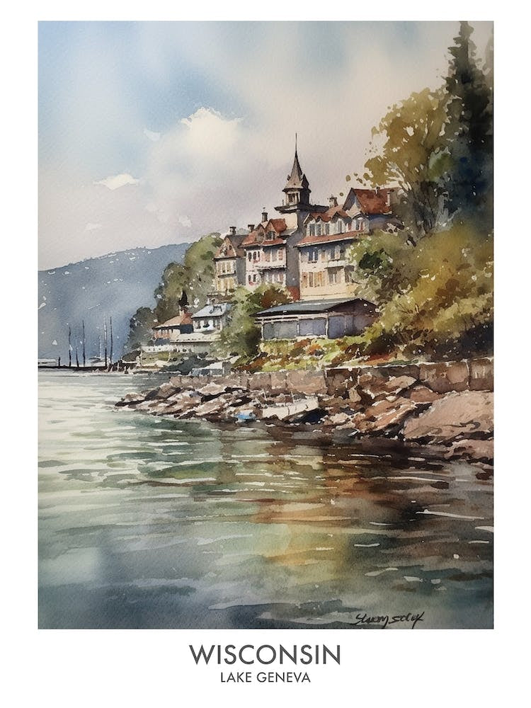 Lake Geneva, Wisconsin 3 Watercolor Travel Poster