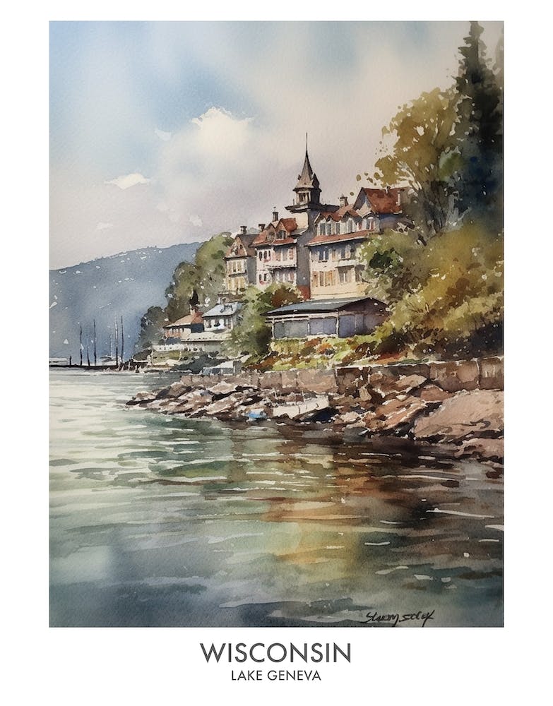 Lake Geneva, Wisconsin 3 Watercolor Travel Poster