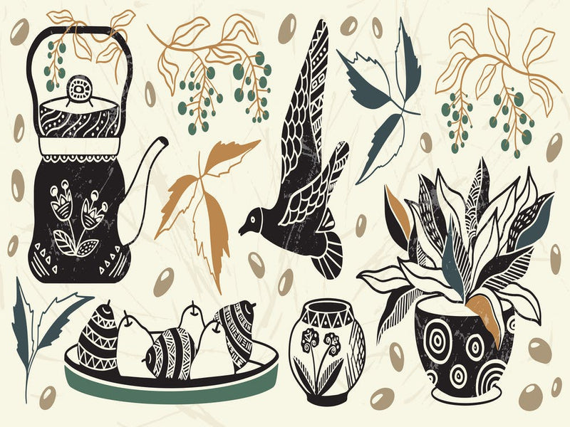 A Set Of Vintage Elements Folk Composition Including Pots Coffee Tea Beans Bird Abstract Flowers And Leaves Organic Abstraction Of Folk Inspired Motifs Rustic Style Of Illustration 1