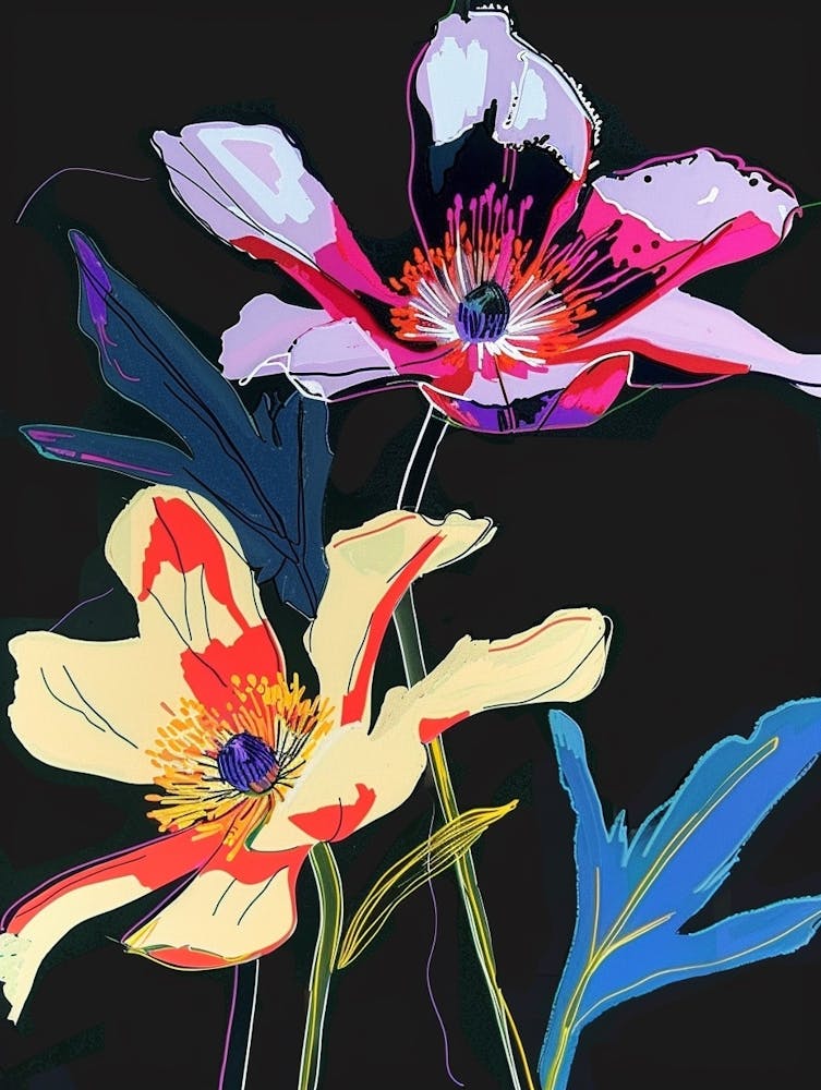 Neon Flowers On Black Anemone 3