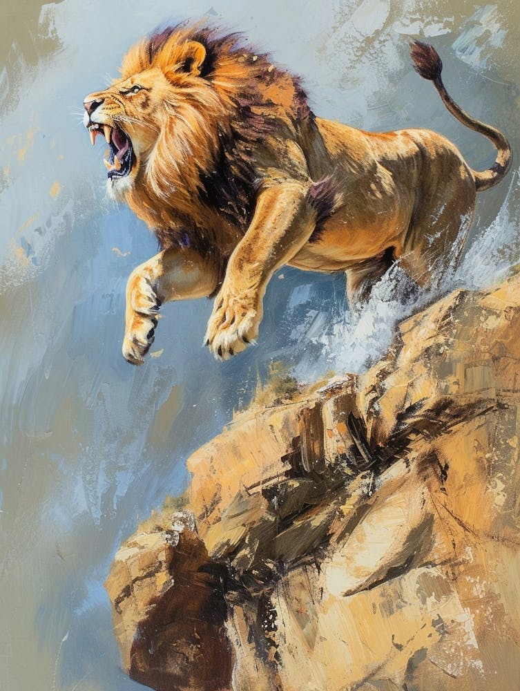African Lion Roaring On A Cliff Acrylic Painting 2