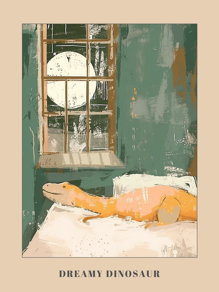 Muted Pastel Mustard Teal Dinosaur In Bed Poster