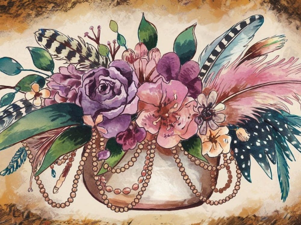 Boho Chic Watercolor Flower Basket with Feathers & Pearls