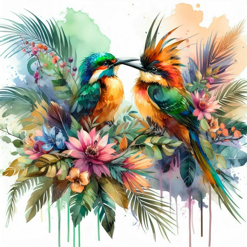 Tropische Vogelromanze Tropischer Wald Aquarell Spritzer Hintergrund Gut Definiert