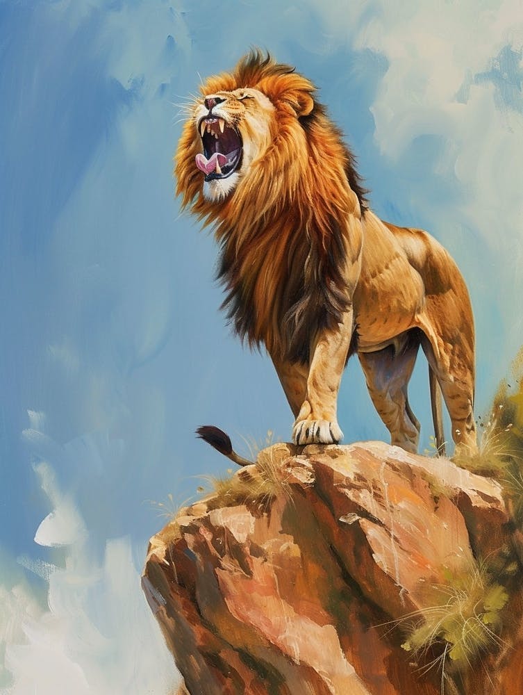 African Lion Roaring On A Cliff Acrylic Painting 3