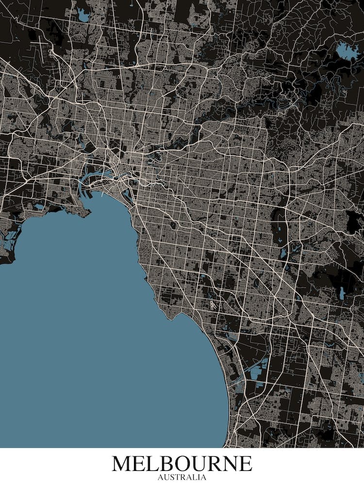 Melbourne Black Blue Map