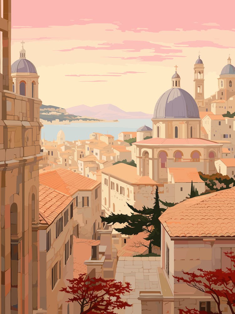 Dubrovnik Croatia 2 Vintage Pink Travel Illustration