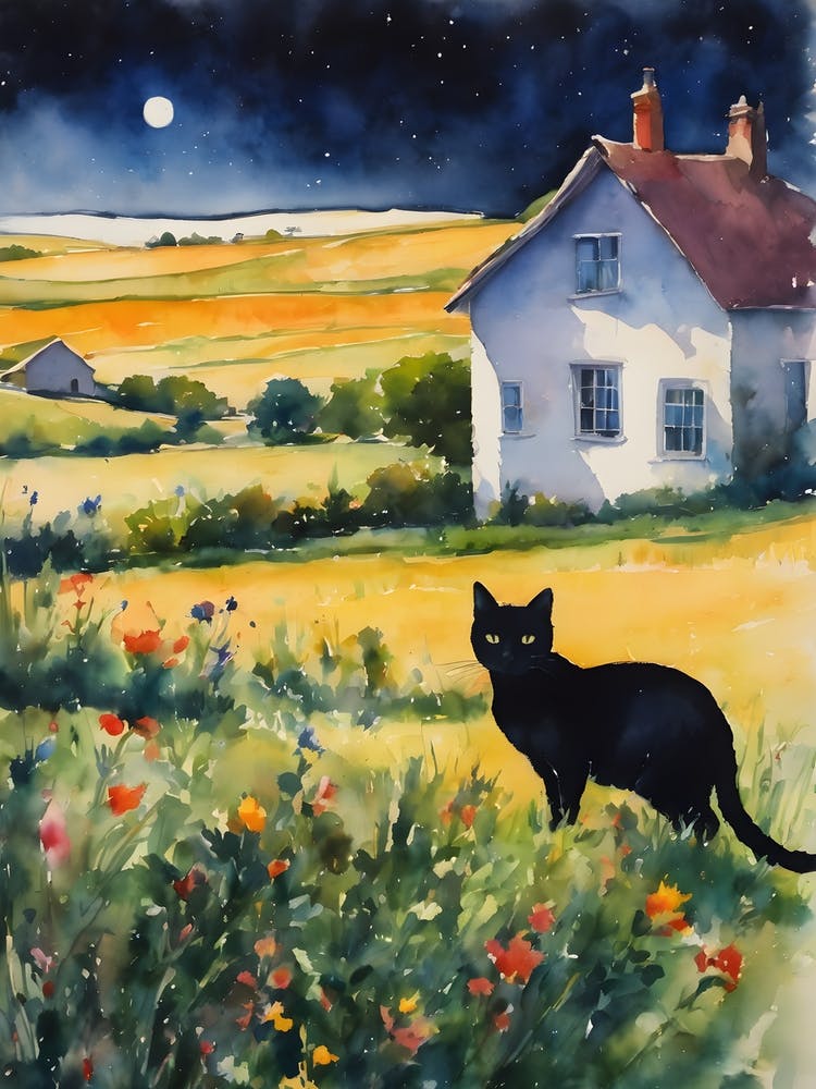 Black Cat at The Farmhouse Flowers Meadow At Night Full Moon Cottage Landscape Traditional Watercolor Kitty Travels Home and Room Wall Art Cool Decor Klimt and Matisse Inspired Modern Awesome Cool Unique Pagan Witchy Witches Familiar Gift For Cat Lady Animal Lovers World Travelling Genuine Works by British Watercolour Artist Lyra O'Brien 