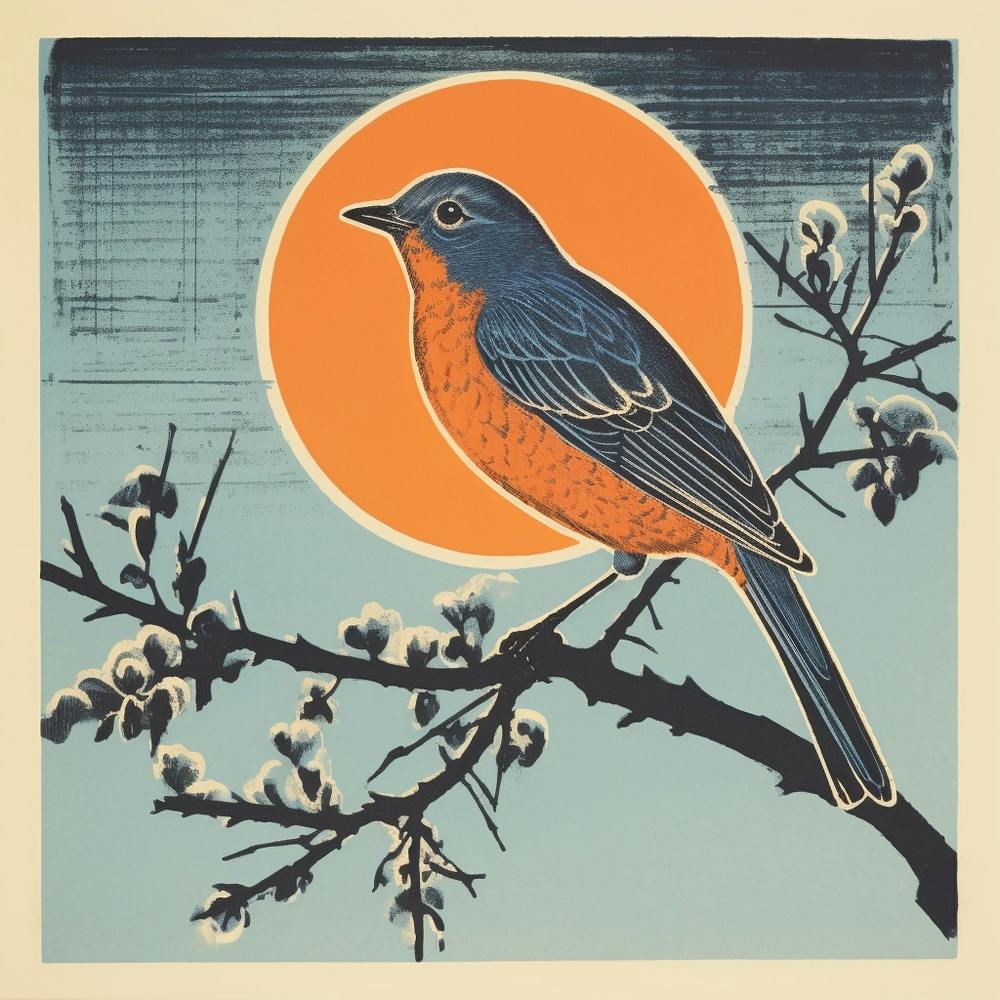 Retro Bird Lithograph Eastern Bluebird 3
