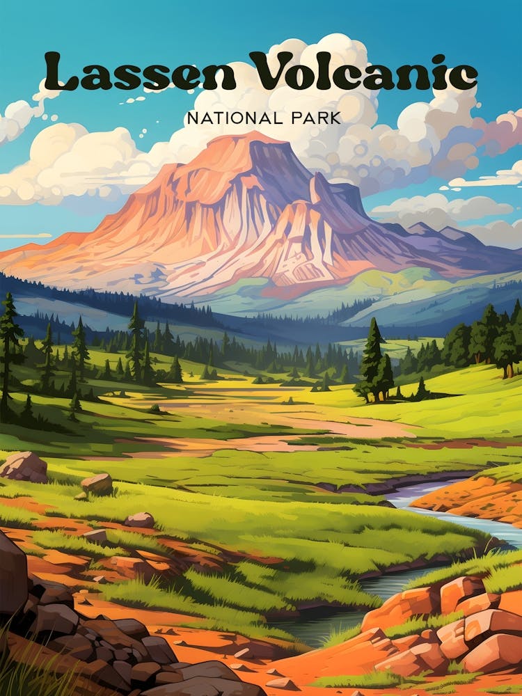 Lassen Volcanic National Park California Hiking Modern Travel Illustration