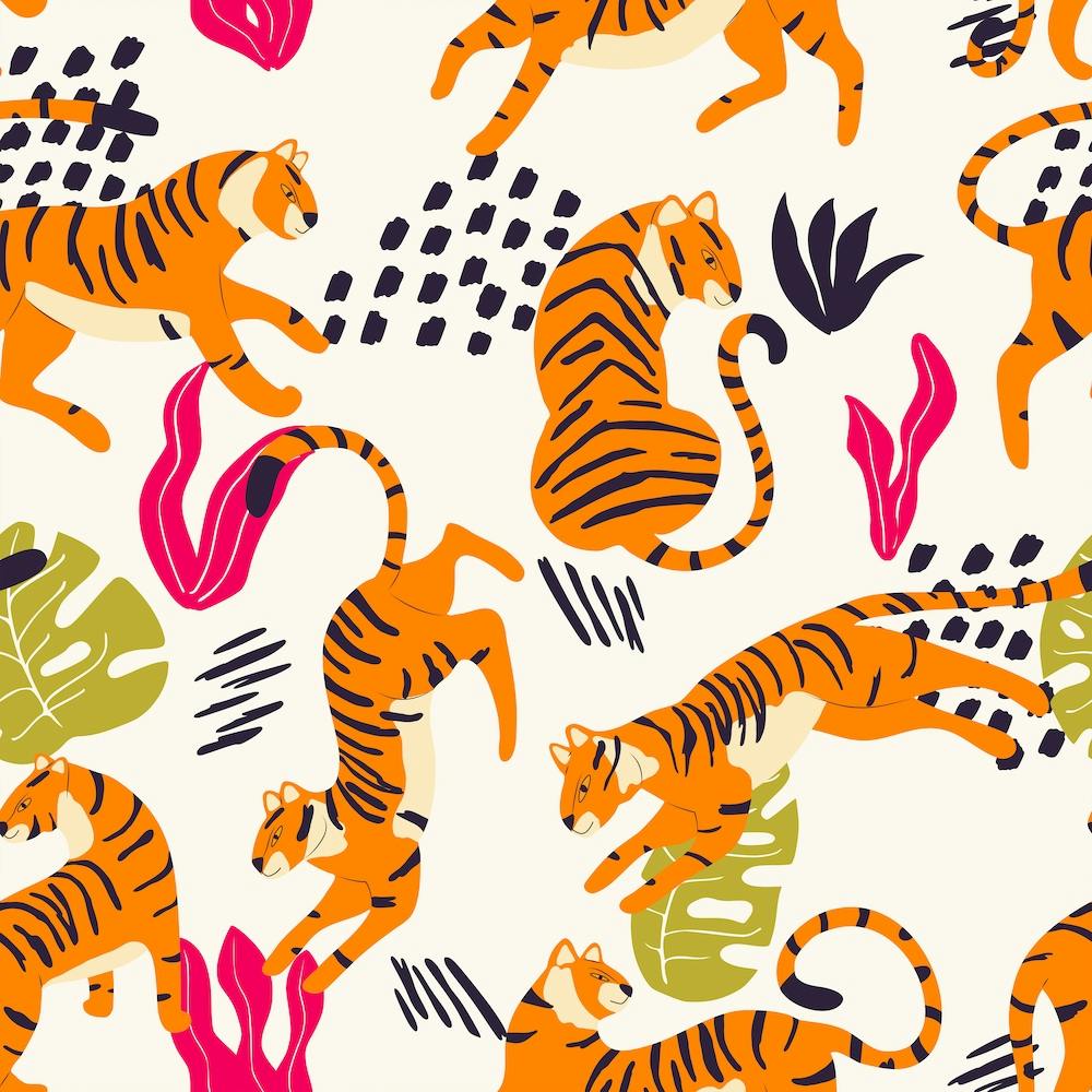 Tiger Pattern On White With Colorful Tropical Leaves Decoration Square