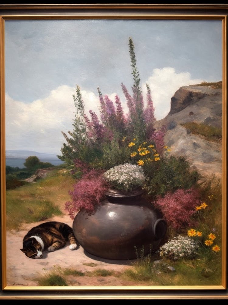 Painting Of A Still Life Of A Heather With A Cat, Realism 2