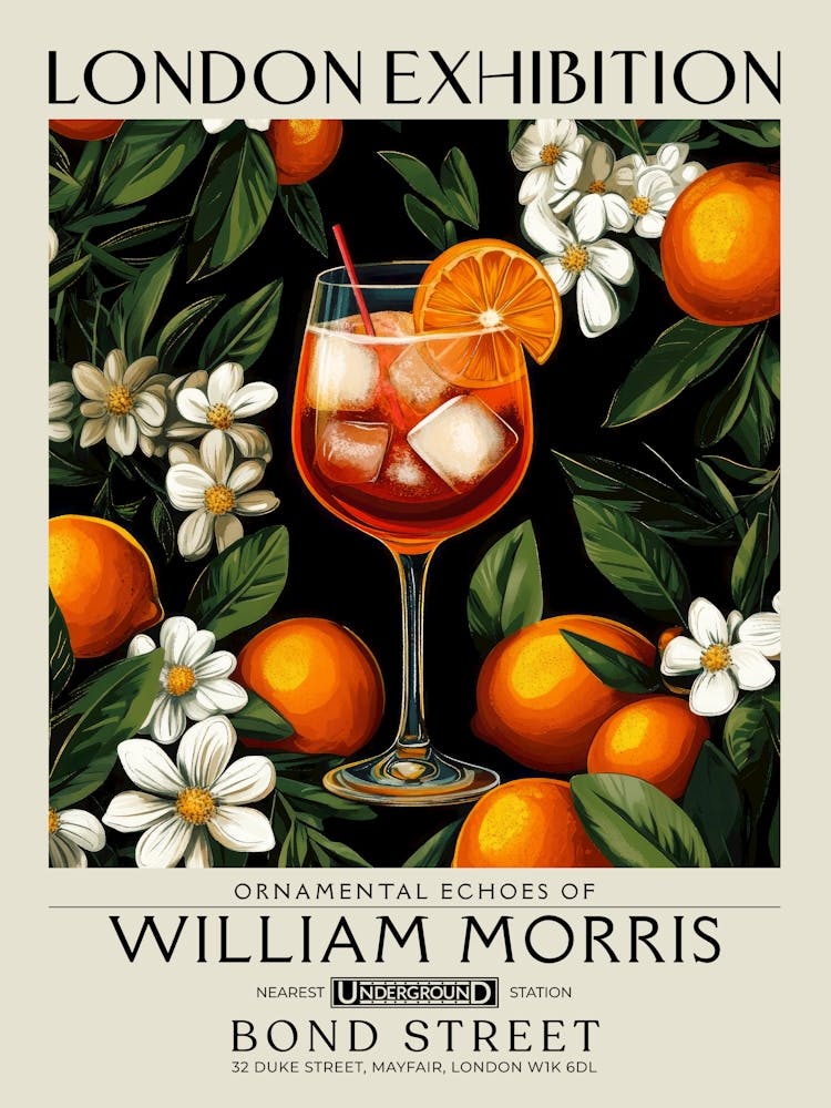 Aperol Spritz Cocktail-Kunstdruck im William Morris-Stil, maximalistische Blumenkunst, sommerlich inspirierte Getränke-Wandkunst, Vintage-Pflanzenstillleben, eklektische Dekoration für Bartwagen, Wohnzimmer, Küche, Esszimmer 1