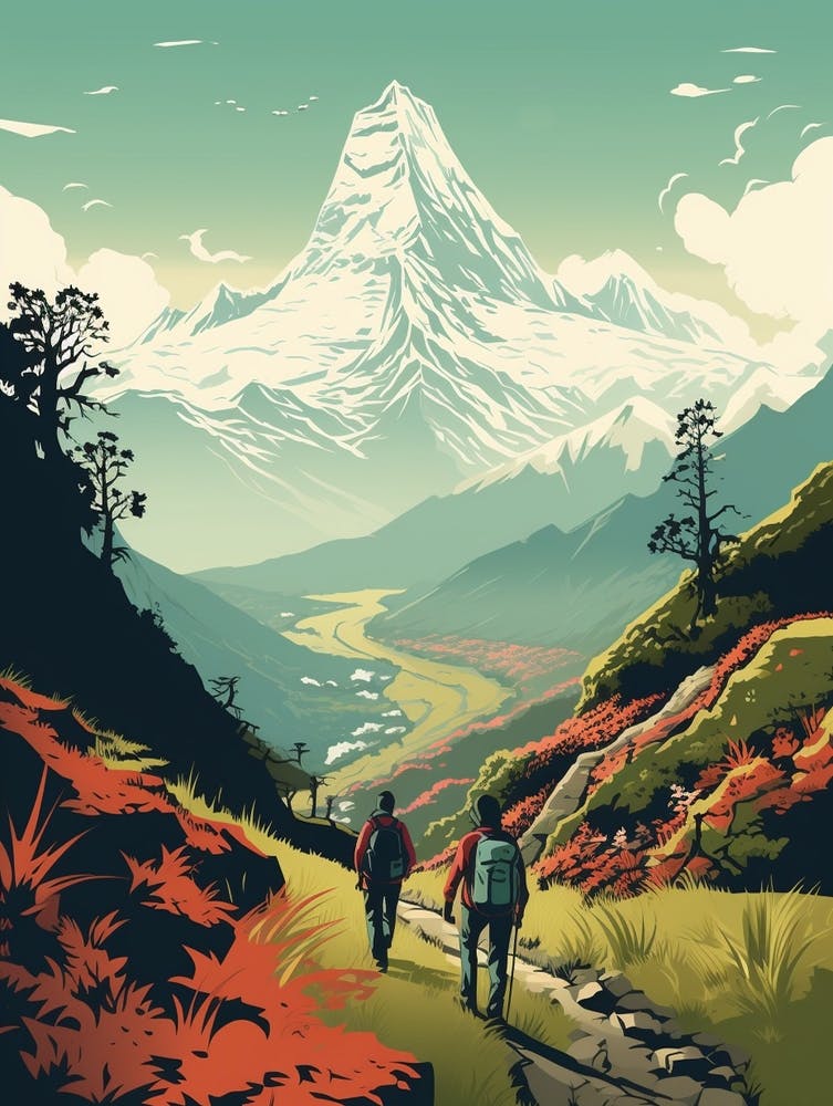 Poon Hill Trek Nepal 3 Vintage Travel Illustration