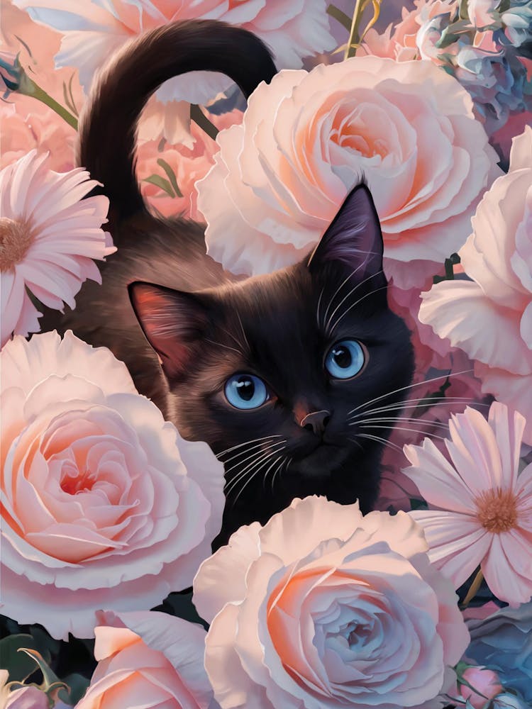 k black cat with captivating blue eyes, elegantly concealed among an exuberant array of vibrant flowers