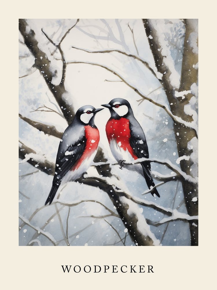 Winter Watercolour Woodpecker 4 Poster