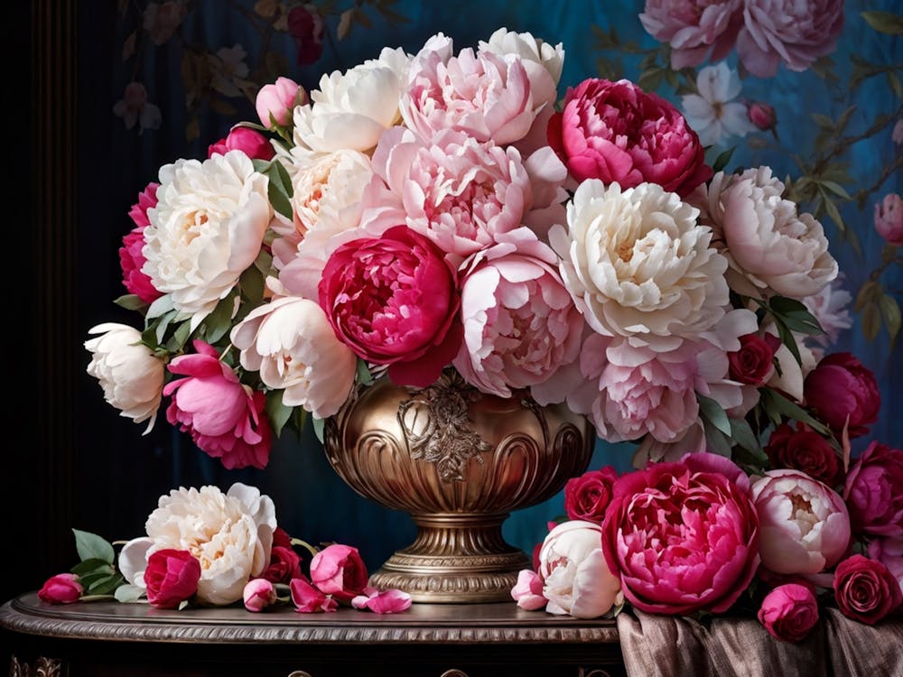 A Luxurious Bouquet Of Roses And Peonies In Full Bloom Cradled In An Ornate Vase Peonies Flushing V