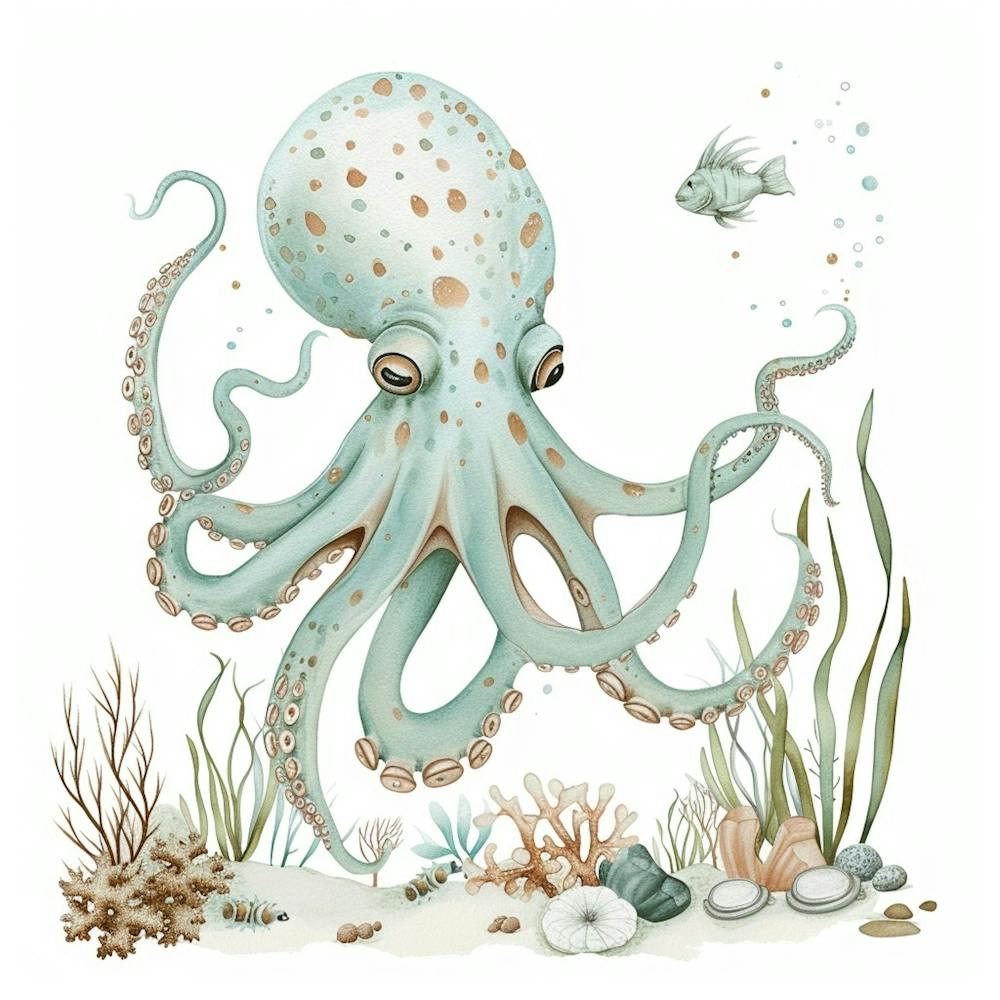 Storybook Style Octopus On The Ocean Floor With Aqua Marine Plants 3